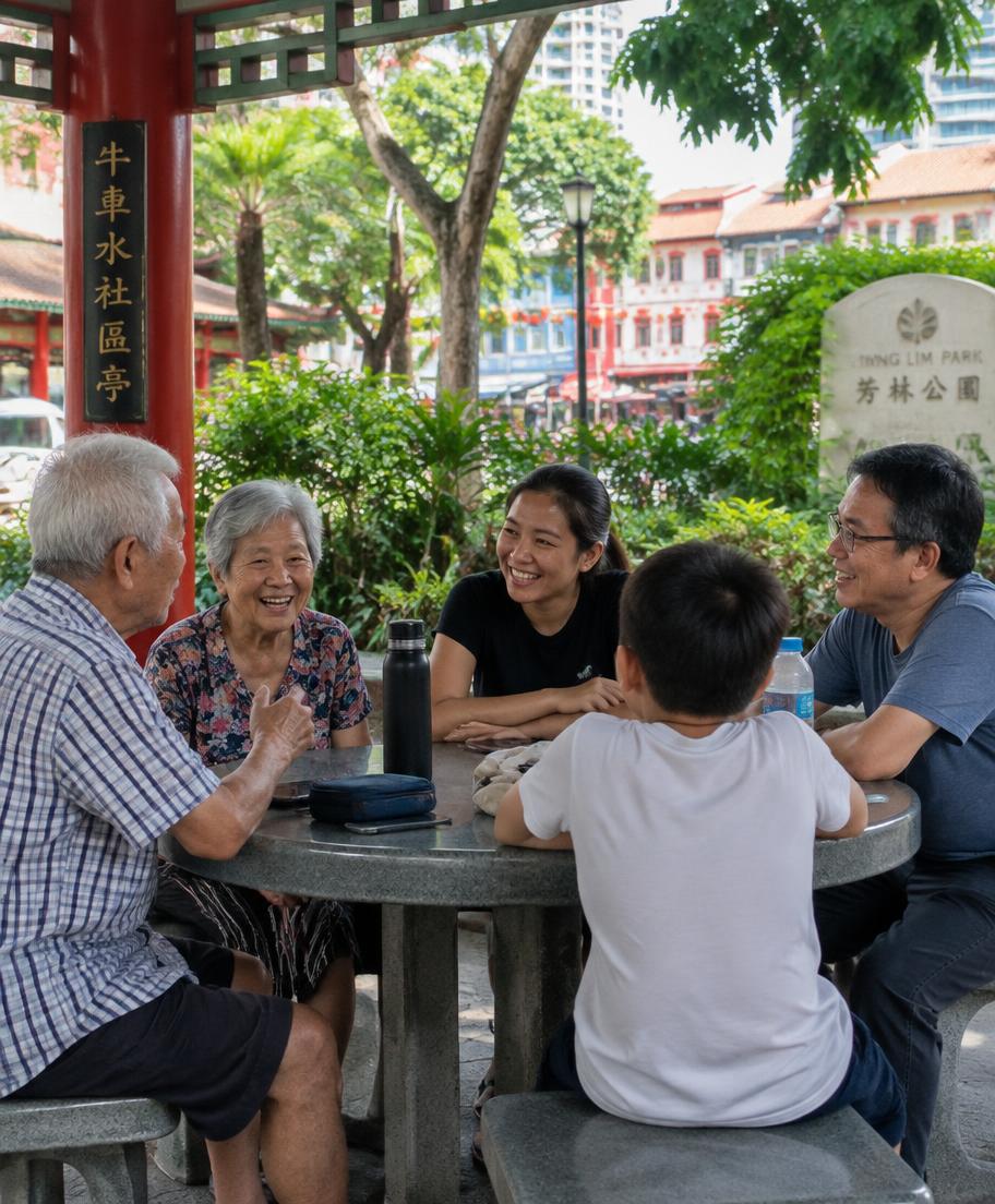 neighbours of different ages chatting around a stone table in a pavilion near hong lim park