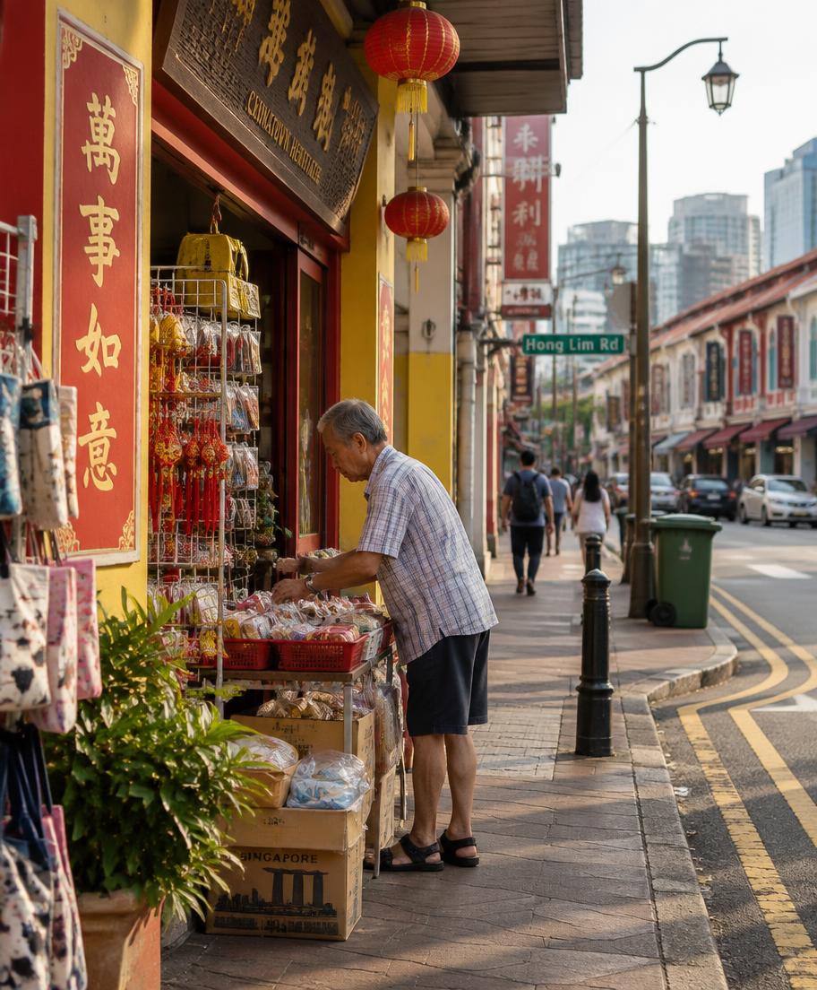 a shopkeeper arranging goods outside a shophouse on hong lim road, singapore chinatown